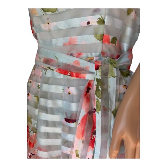 NWT Floral Striped Sheer sleeveless mint coral Sandra Darren dress size 8 - Picture 6 of 16